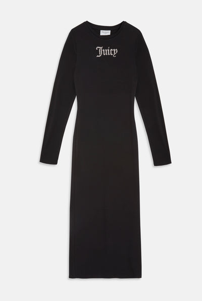 BLACK JERSEY DIAMANTÉ LONG SLEEVE MIDI DRESS