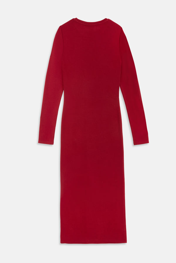 RED DAHLIA JERSEY DIAMANTÉ LONG SLEEVE MIDI DRESS