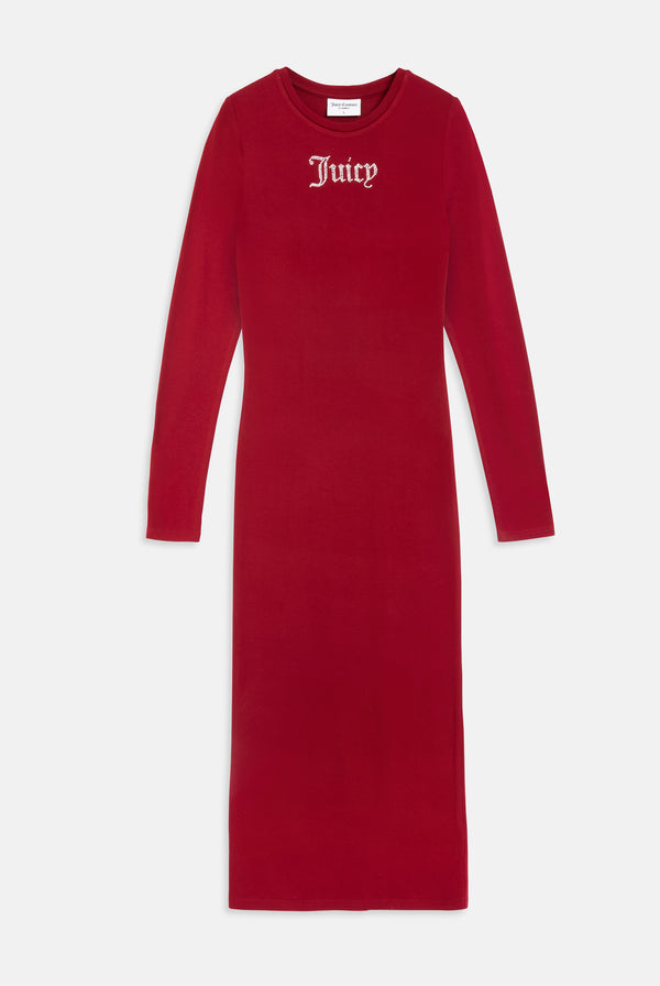 RED DAHLIA JERSEY DIAMANTÉ LONG SLEEVE MIDI DRESS