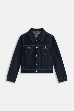 Displays the Indigo Denim 'Juicy' branded Dog Crest Jacket