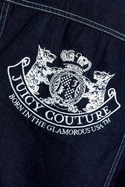 Displays the Indigo Denim 'Juicy' branded Dog Crest Jacket featuring the juicy Couture logo branding 