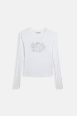 Displays the White 'Juicy' branded Diamanté Dog Crest Long Sleeve T-Shirt