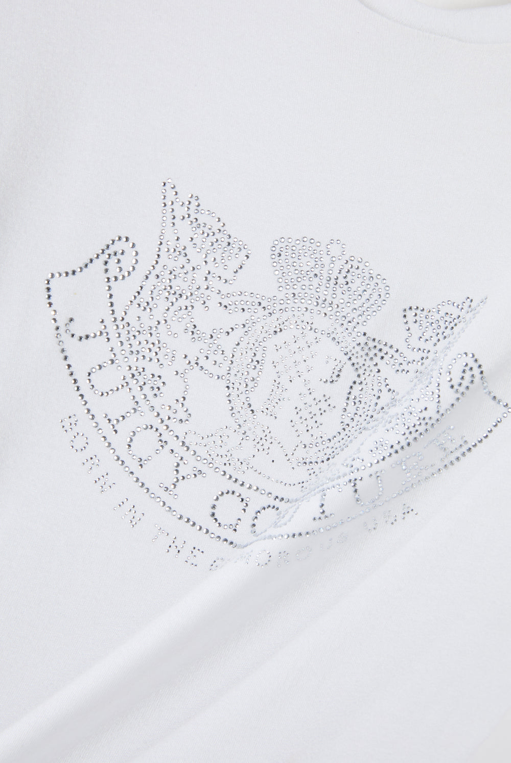 Displays the White 'Juicy' branded Diamanté Dog Crest Long Sleeve T-Shirt featuring the juicy logo branding 
