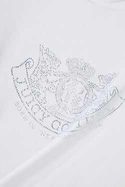 Displays the White 'Juicy' branded Diamanté Dog Crest Long Sleeve T-Shirt featuring the juicy logo branding 