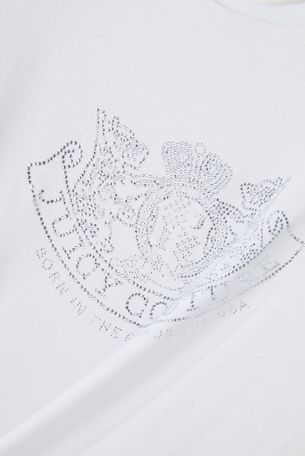 Displays the White 'Juicy' branded Diamanté Dog Crest Long Sleeve T-Shirt featuring the juicy logo branding 