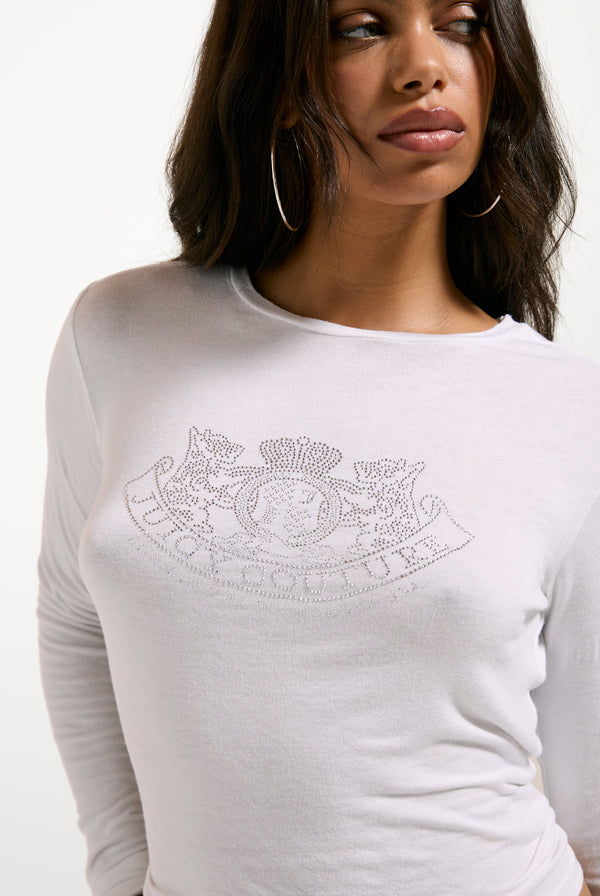White Diamanté Dog Crest Long Sleeve T-Shirt