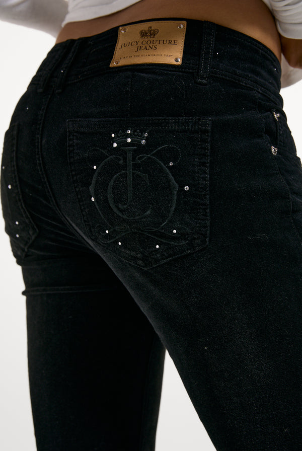 Washed Black Velour Denim Low Rise Flare Jeans