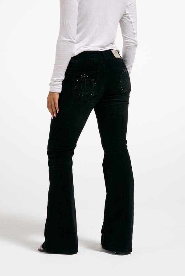 Washed Black Velour Denim Low Rise Flare Jeans