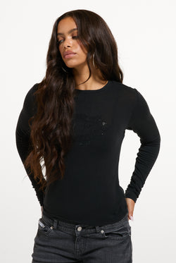Displays a model wearing the Black 'Juicy' branded Diamanté Dog Crest Long Sleeve T-Shirt
