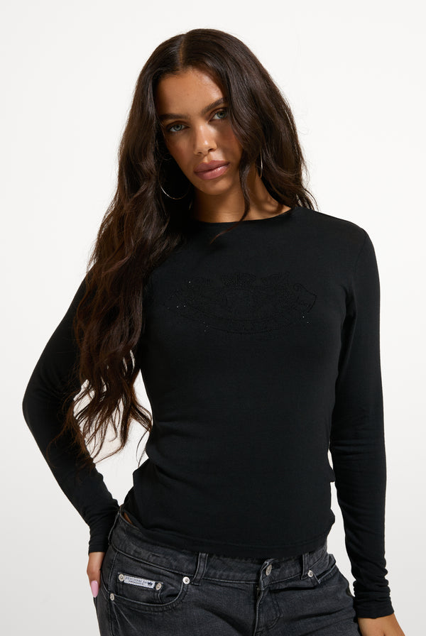 Displays a model wearing the Black 'Juicy' branded Diamanté Dog Crest Long Sleeve T-Shirt