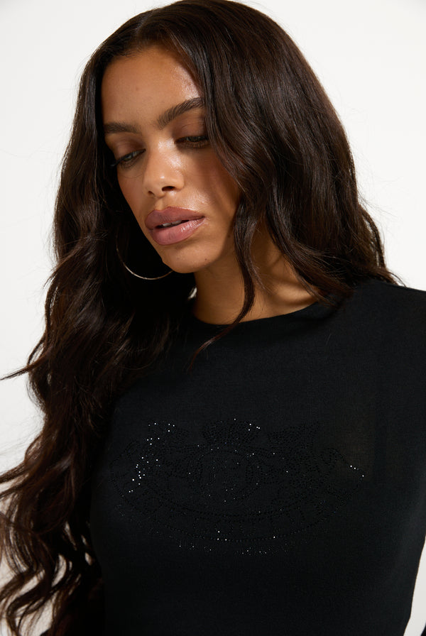 Displays a model wearing the Black 'Juicy' branded Diamanté Dog Crest Long Sleeve T-Shirt