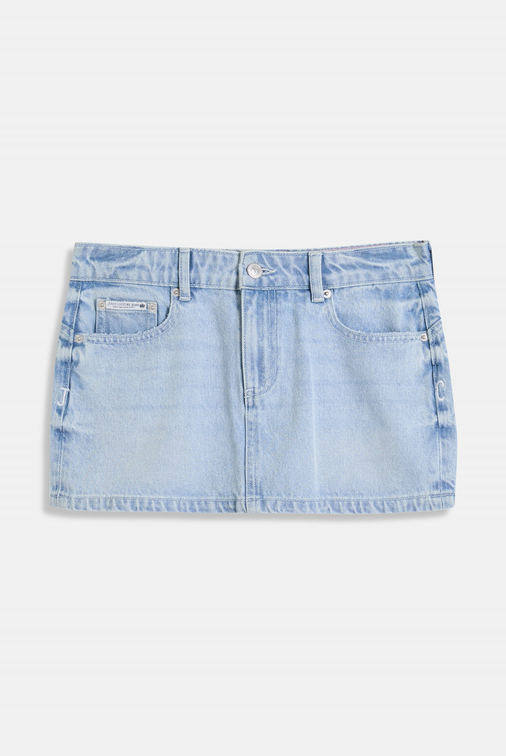 Displays the Light Wash 'Juicy' branded denim dog crest mini skirt 