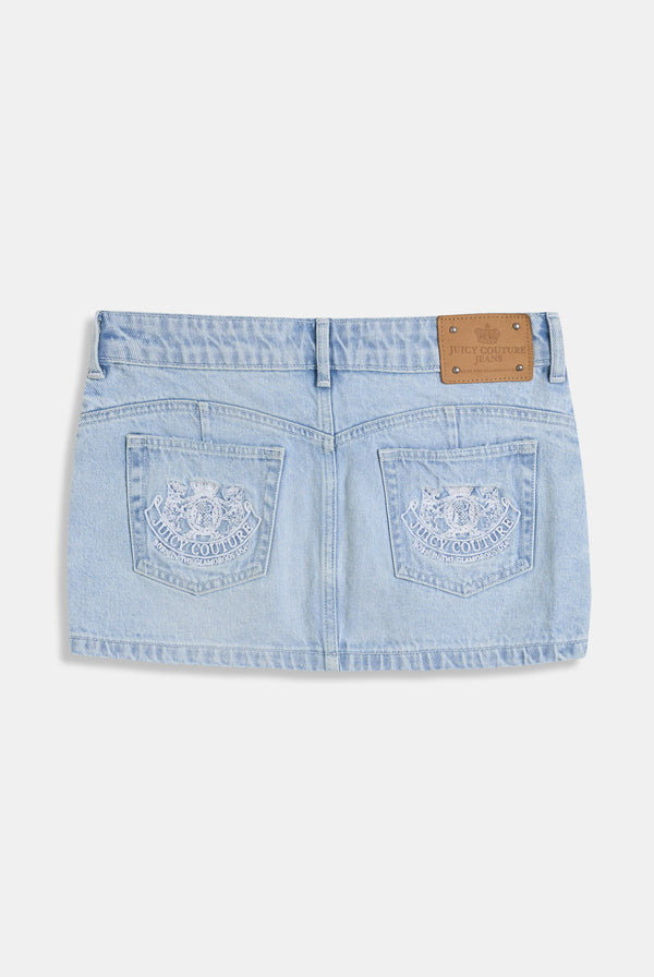 LIGHT WASH DENIM DOG CREST MINI SKIRT
