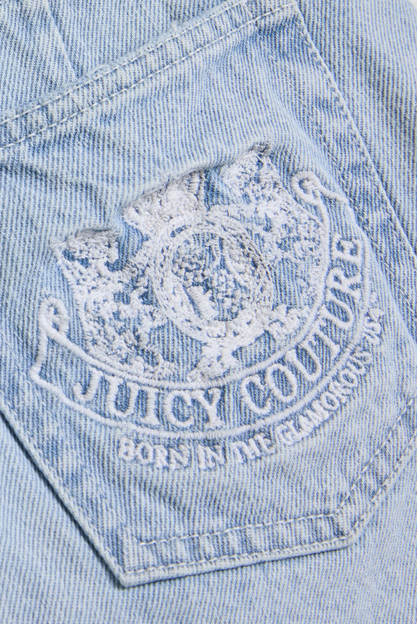 LIGHT WASH DENIM DOG CREST MINI SKIRT