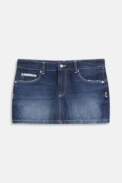 MID WASH DENIM DOG CREST MINI SKIRT
