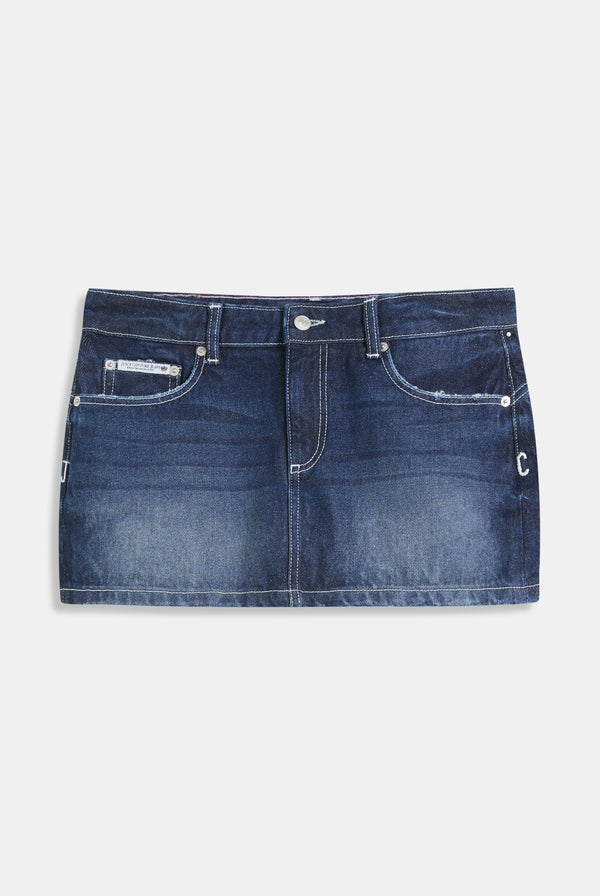 MID WASH DENIM DOG CREST MINI SKIRT