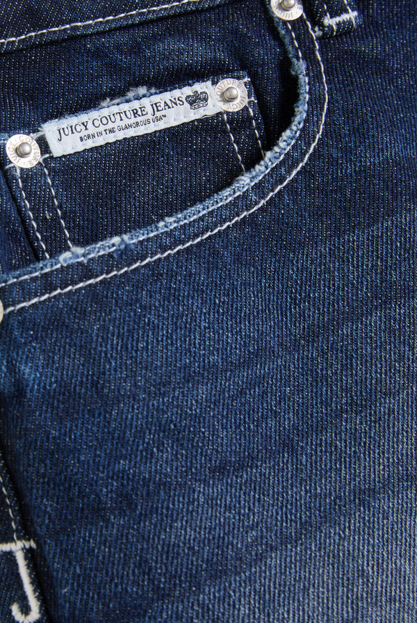 MID WASH DENIM DOG CREST MINI SKIRT