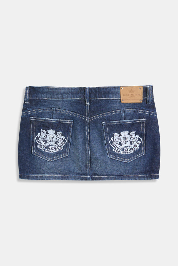 MID WASH DENIM DOG CREST MINI SKIRT