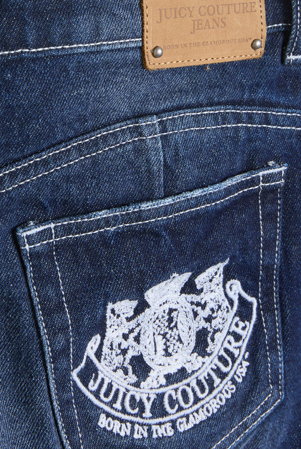 MID WASH DENIM DOG CREST MINI SKIRT