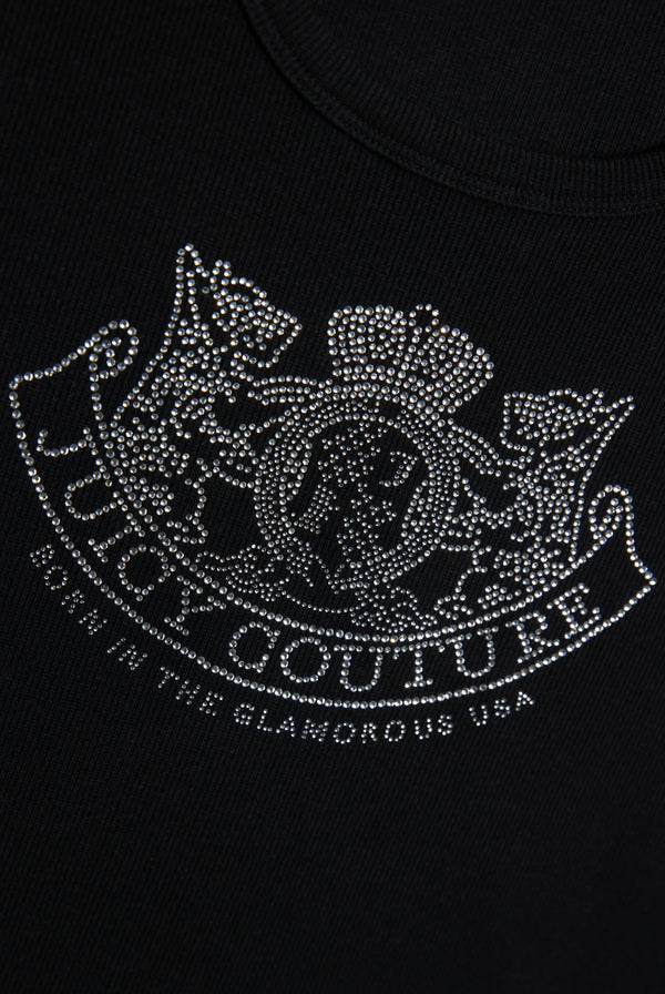 Displays a model wearing the Black Diamanté 'Juicy' DOG CREST VEST featuring the Juicy Logo