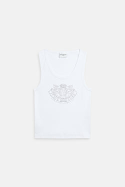 Displays the White Diamanté 'Juicy' branded Dog Crest vest