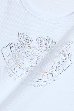 Displays a model wearing the White Diamanté 'Juicy' branded Dog Crest vest featuring the Juicy Logo