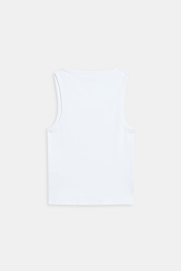 Displays the White Diamanté 'Juicy' branded Dog Crest vest