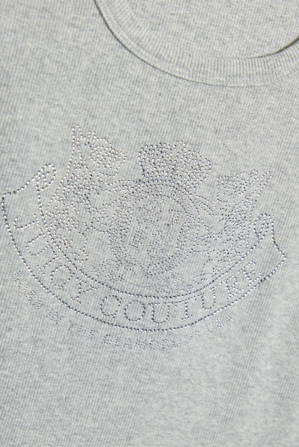 Displays a model wearing the Silver Marl Diamanté 'Juicy' branded DOG CREST VEST featuring the Juicy Logo