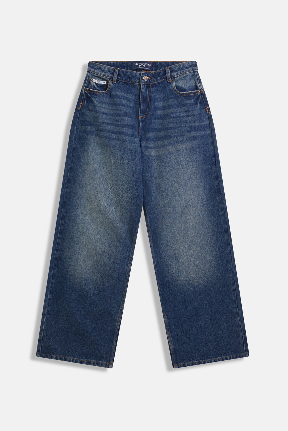Displays the vintage wash mid rise wide leg 'Juicy' branded jeans 