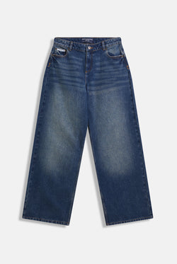 Displays the vintage wash mid rise wide leg 'Juicy' branded jeans 