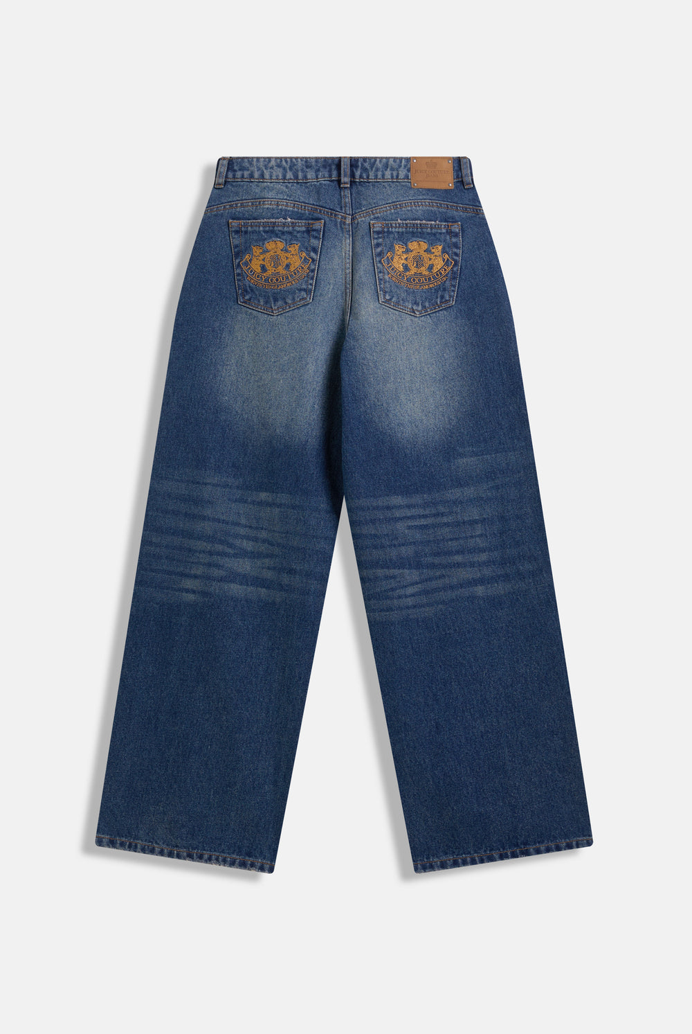 Displays the vintage wash mid rise wide leg 'Juicy' branded jeans 