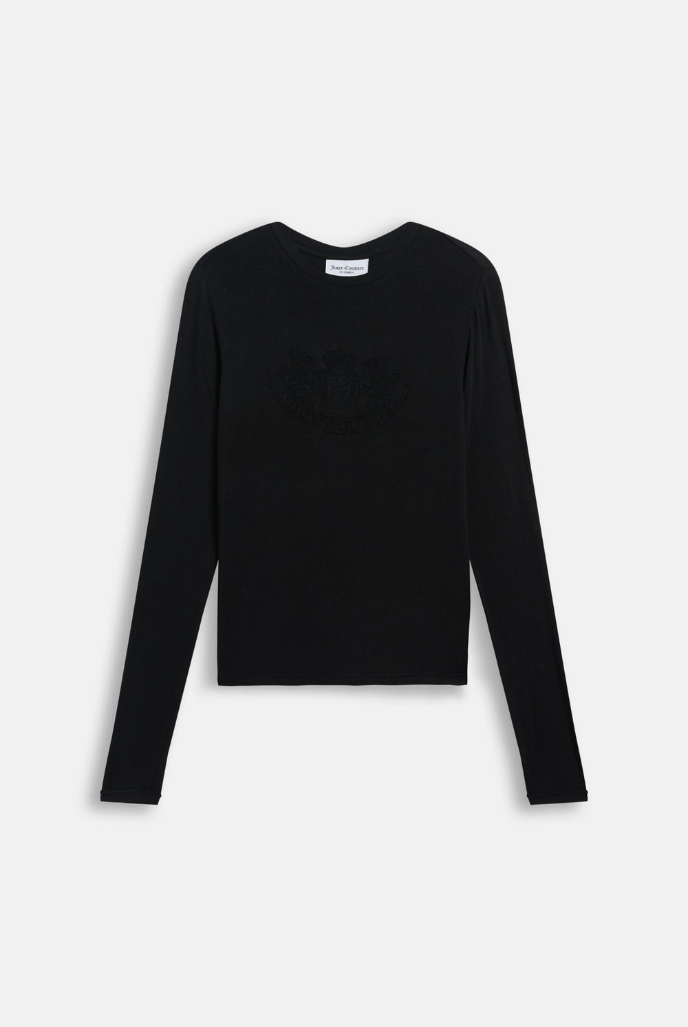 Displays the Black 'Juicy' branded Diamanté Dog Crest Long Sleeve T-Shirt