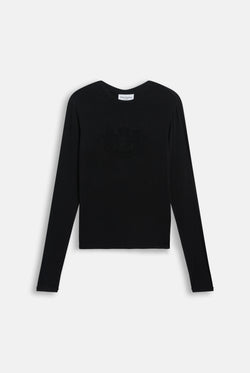 Displays the Black 'Juicy' branded Diamanté Dog Crest Long Sleeve T-Shirt