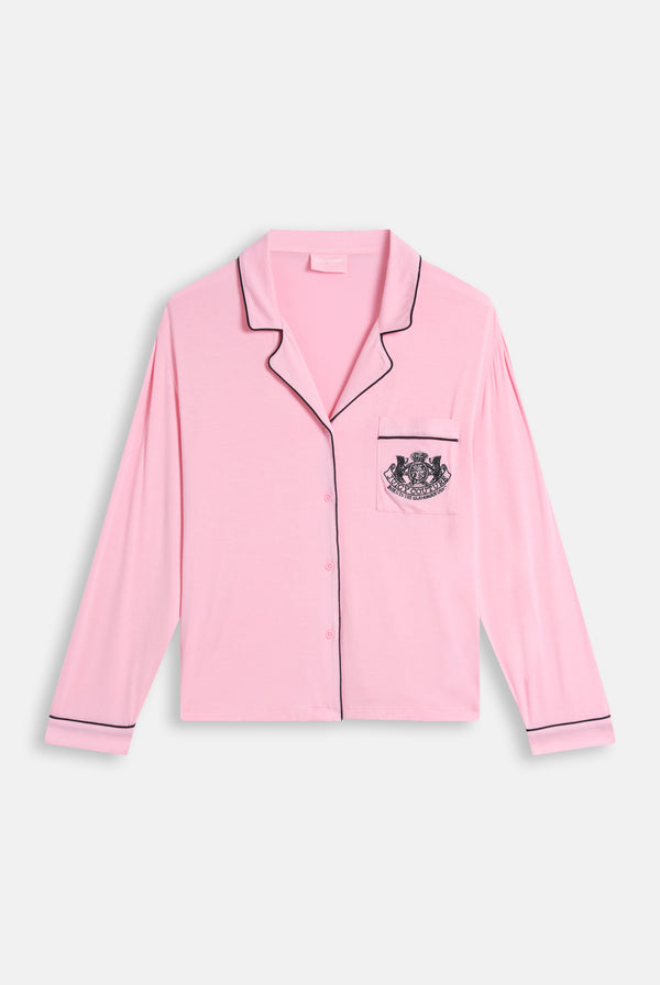 Displays the Juicy Pink 'Juicy' branded Dog crest pyjama set 