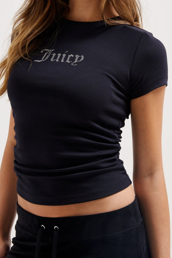 BLACK JERSEY DIAMANTÉ RUCHED TEE