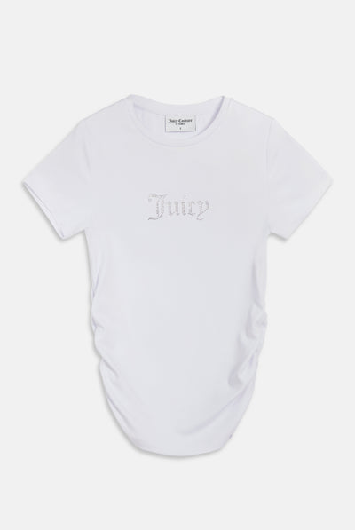 WHITE JERSEY DIAMANTÉ RUCHED TEE