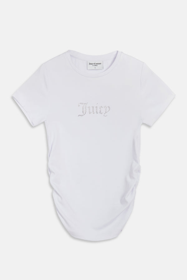 WHITE JERSEY DIAMANTÉ RUCHED TEE