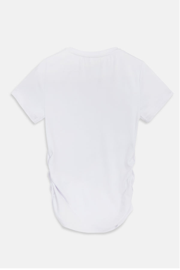 WHITE JERSEY DIAMANTÉ RUCHED TEE