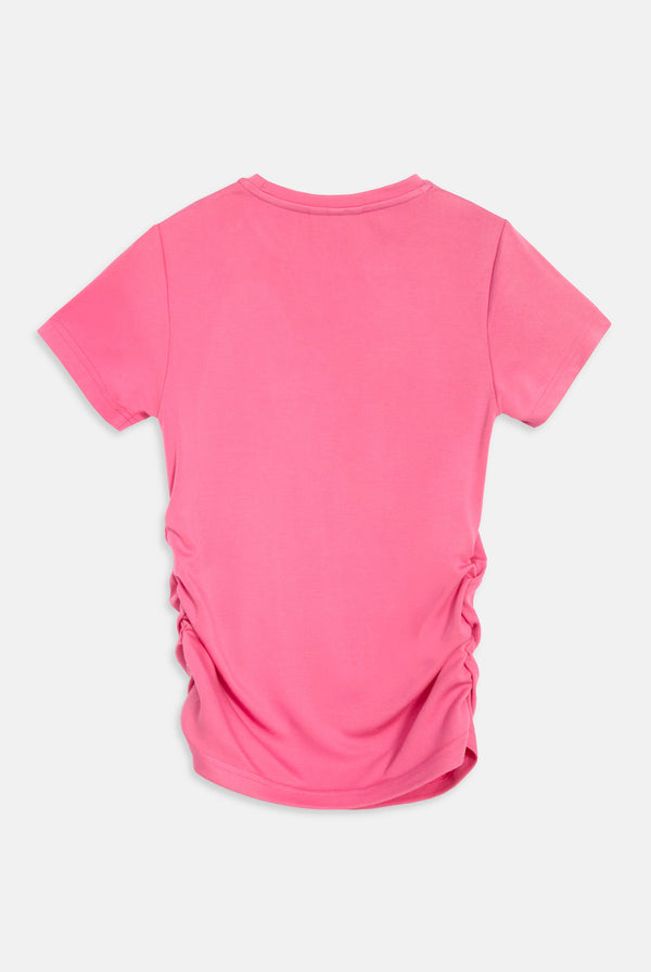 HOT PINK JERSEY DIAMANTÉ RUCHED TEE