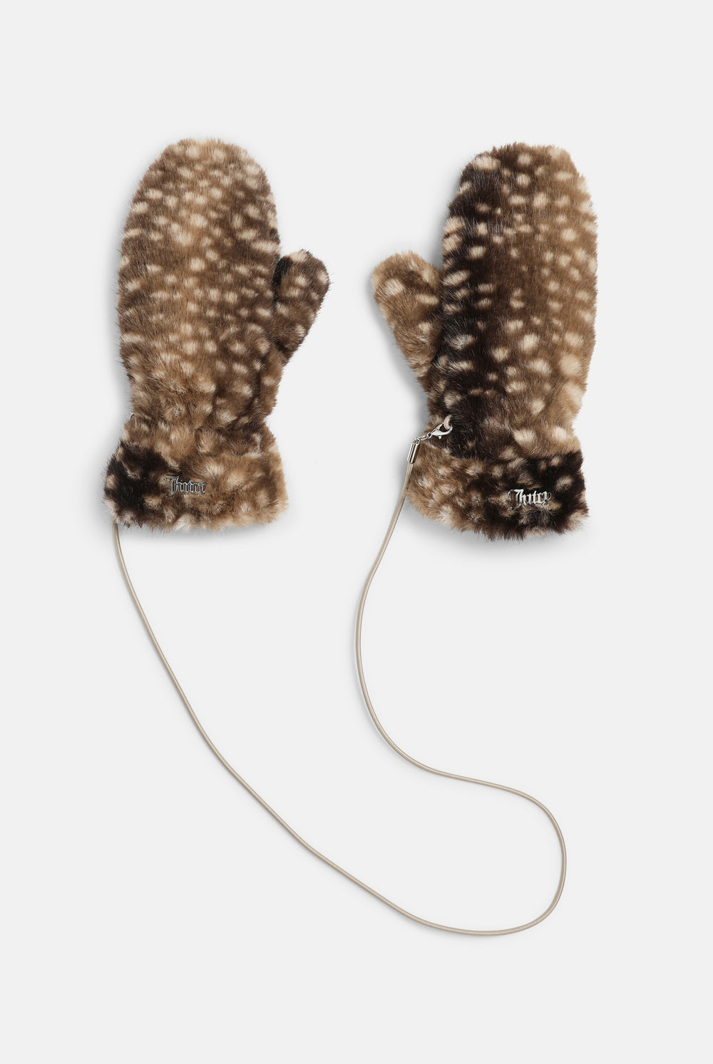 Displays a pair of the Bambi Print 'Juicy' branded Drawstring Fur Mittens