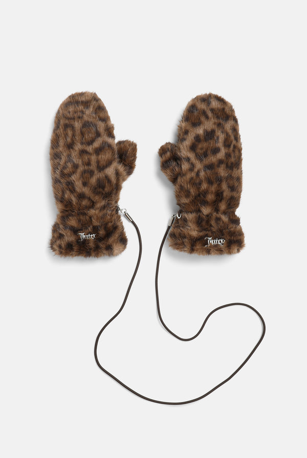 Leopard Print Drawstring Fur Mittens