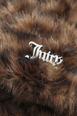 Displays the Leopard Print 'Juicy' branded Drawstring Fur Mittens featuring the juicy branding