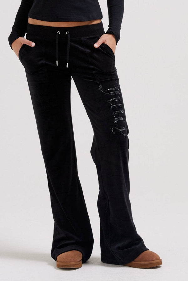 BLACK LOW RISE JEWELLED CLASSIC VELOUR TRACK PANT