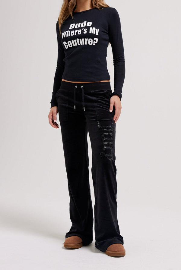 BLACK LOW RISE JEWELLED CLASSIC VELOUR TRACK PANT