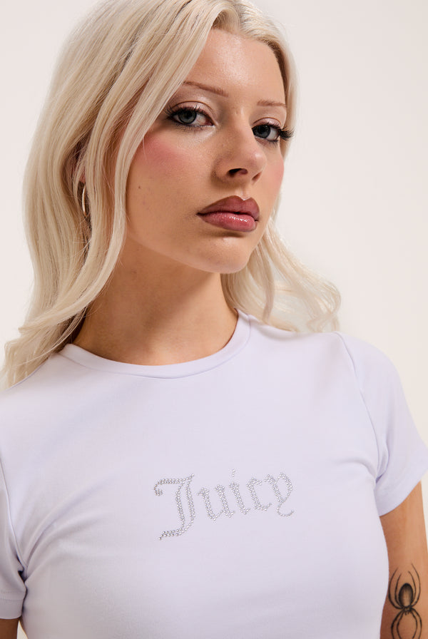WHITE DIAMANTE LOGO FITTED TEE