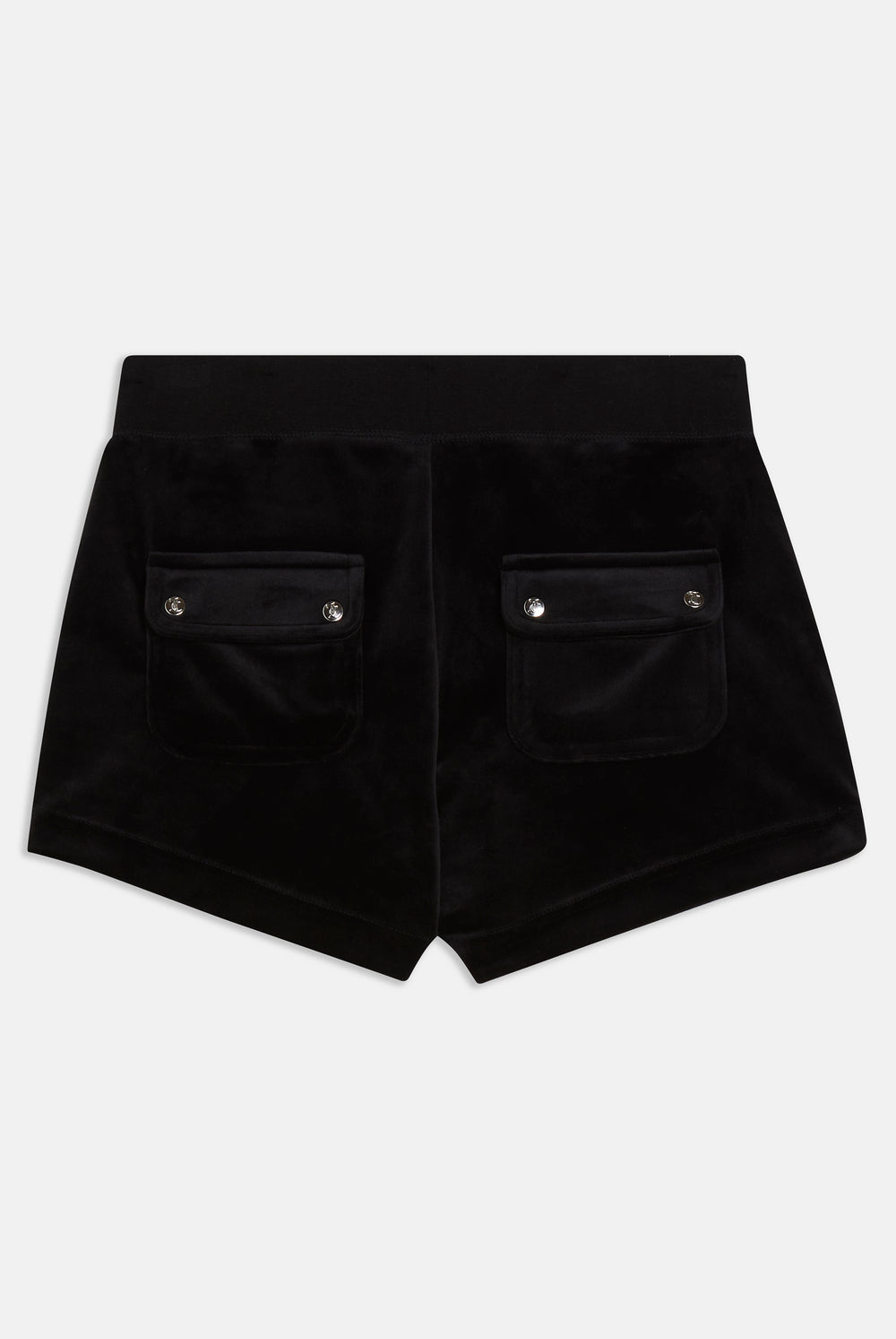 Displays the Black 'Juicy' branded classic velour track short with back pocket 