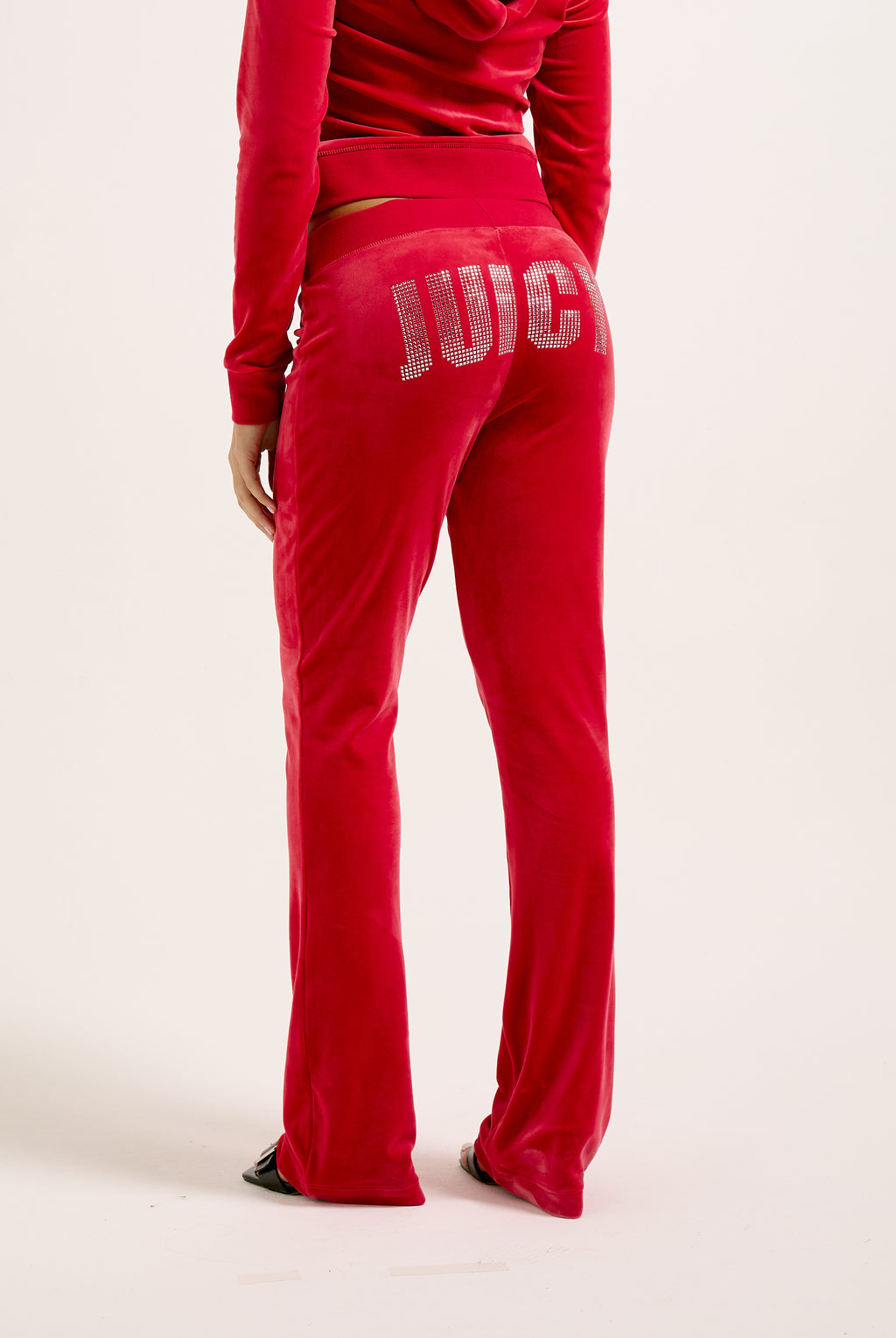 ASTOR RED DIAMANTE IMPACT LOW RISE VELOUR TRACKPANT