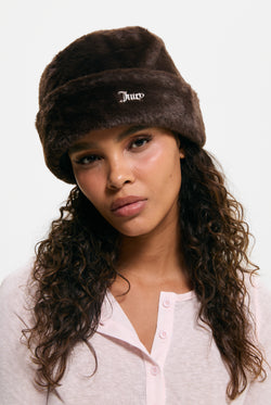 Displays a model wearing the Java 'Juicy' branded Faux Fur Hat
