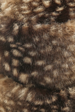 Displays the Bambi Print 'Juicy' branded Faux Fur Hat featuring close up on the details 