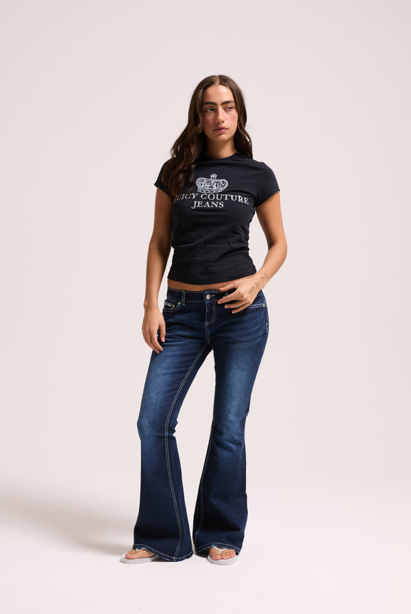 MID WASH DIAMANTE LOW RISE FLARE JEAN